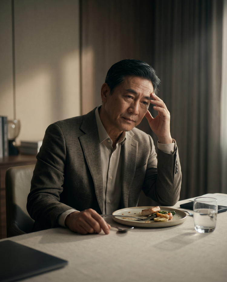Man experiencing post-meal fatigue at the table